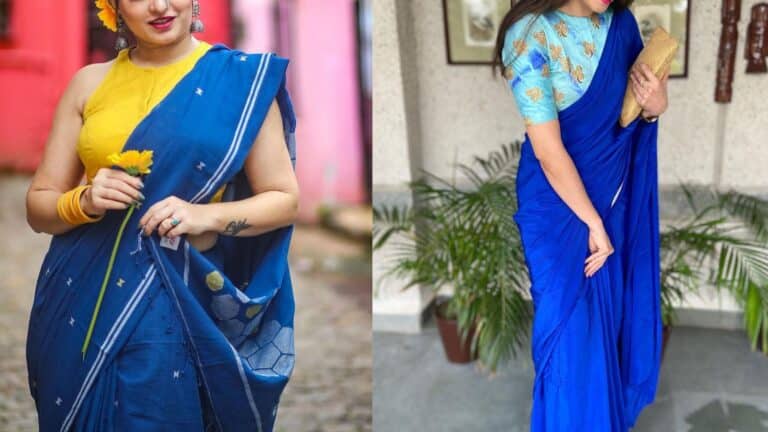 blue saree contrast blouse combination