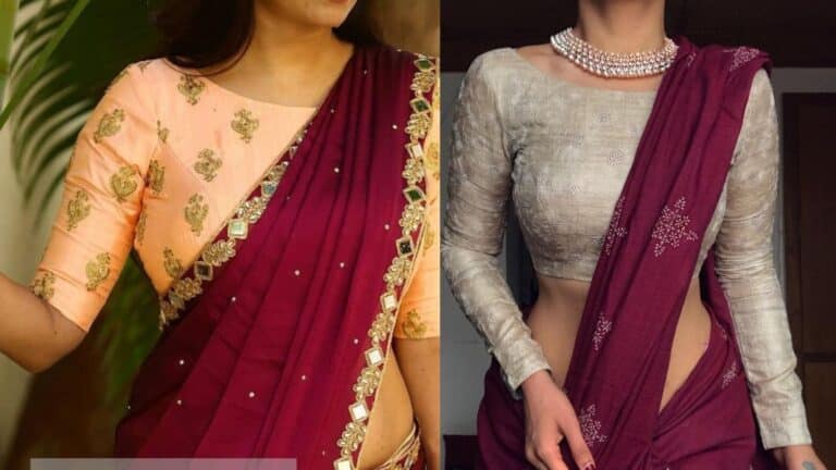 maroon saree contrast blouse idea