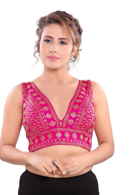 Trendy Pink Deep Square Neck Blouse For Saree