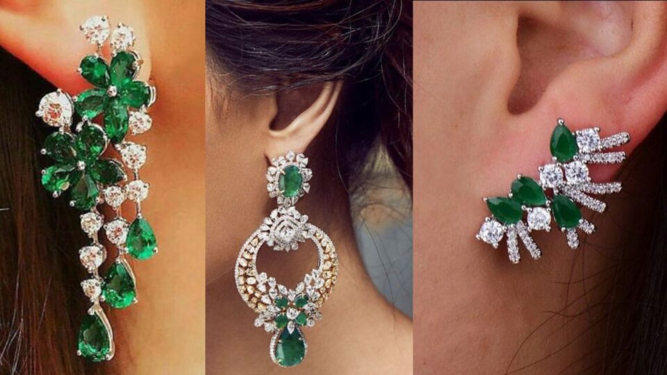 Ruby emerald earrings online with cz stones oval design - Swarnakshi Jewelry