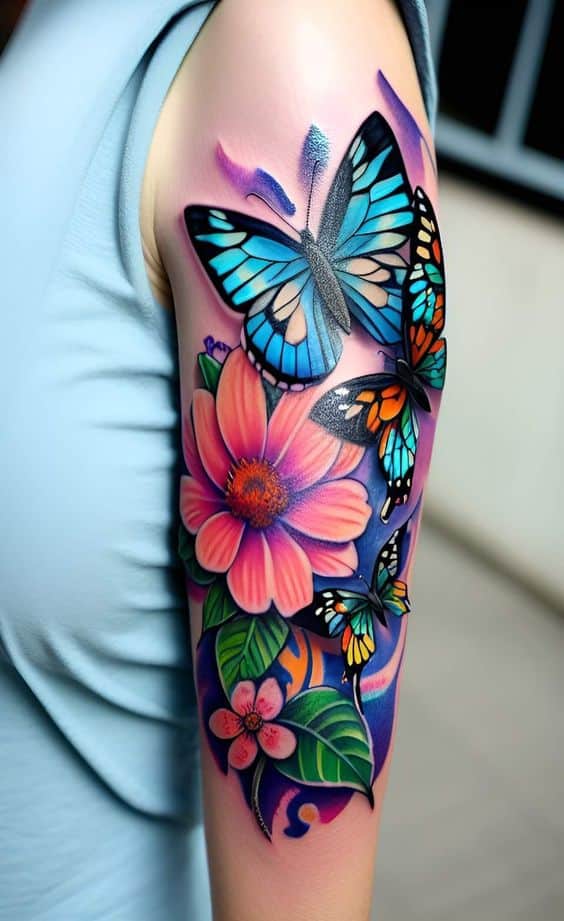 Fine line half butterfly half flower tattoo on the