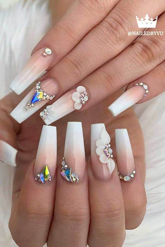 29+ Gorgeous White Nail Designs With Rhinestones 2024