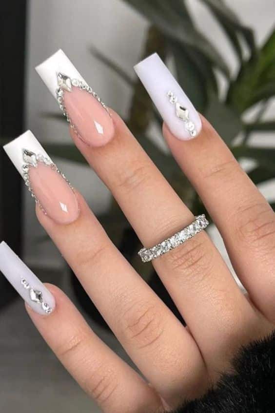 29+ Gorgeous White Nail Designs With Rhinestones 2024