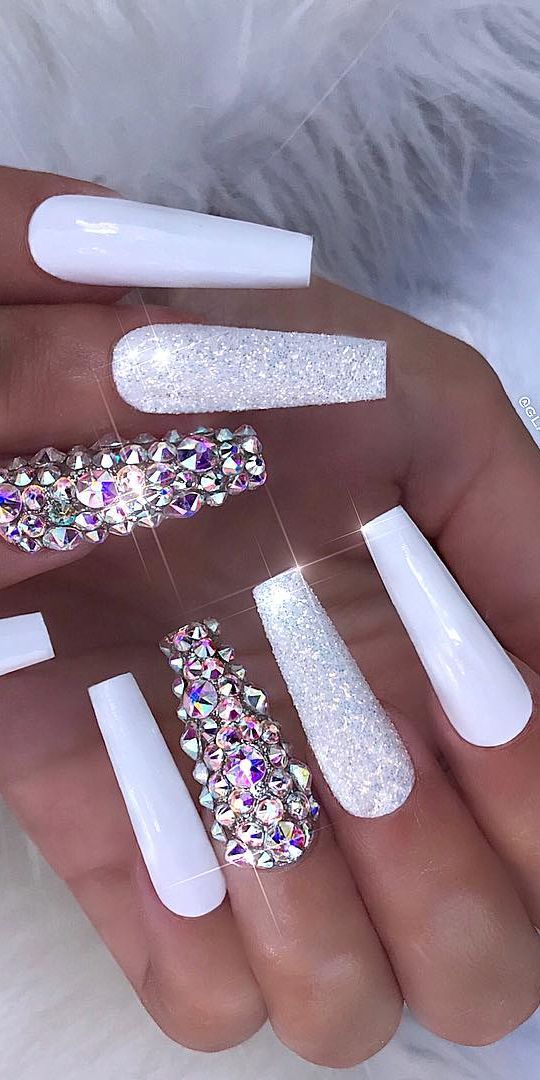 29+ Gorgeous White Nail Designs With Rhinestones 2024