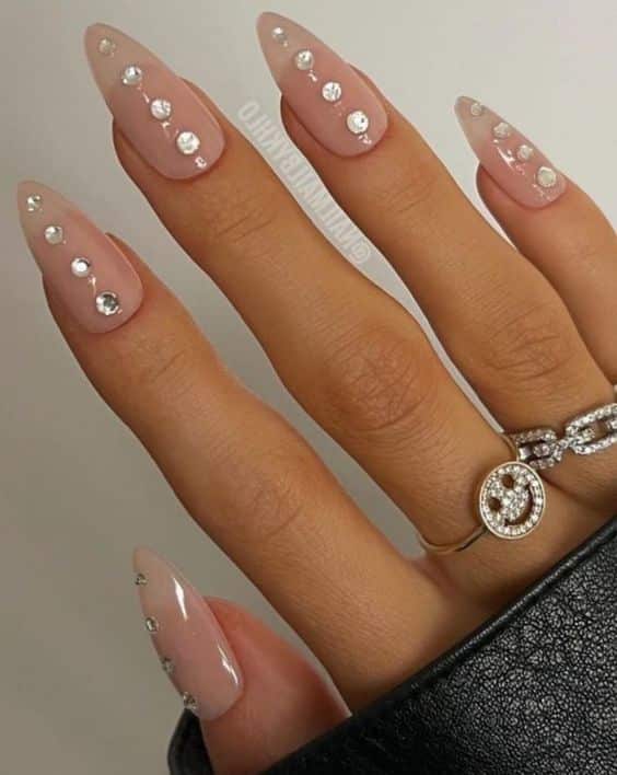 29+ Gorgeous White Nail Designs With Rhinestones 2024