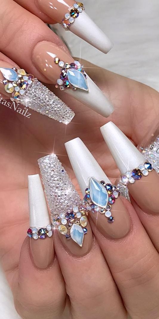 29+ Gorgeous White Nail Designs With Rhinestones 2024