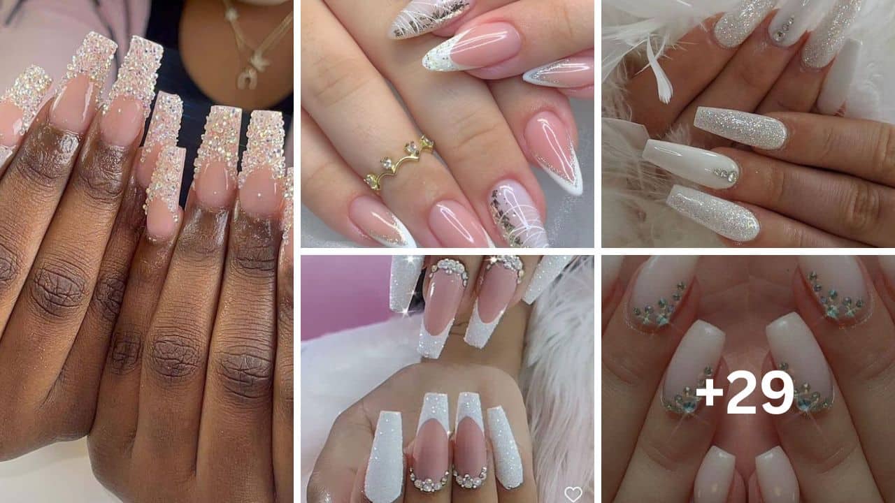 29+ Gorgeous White Nail Designs With Rhinestones 2024