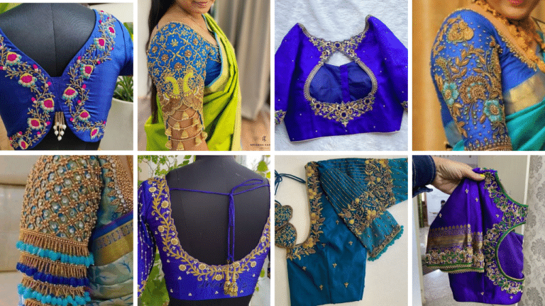 55+ Simple Aari Work Blouse Designs Blue Colour (2024)