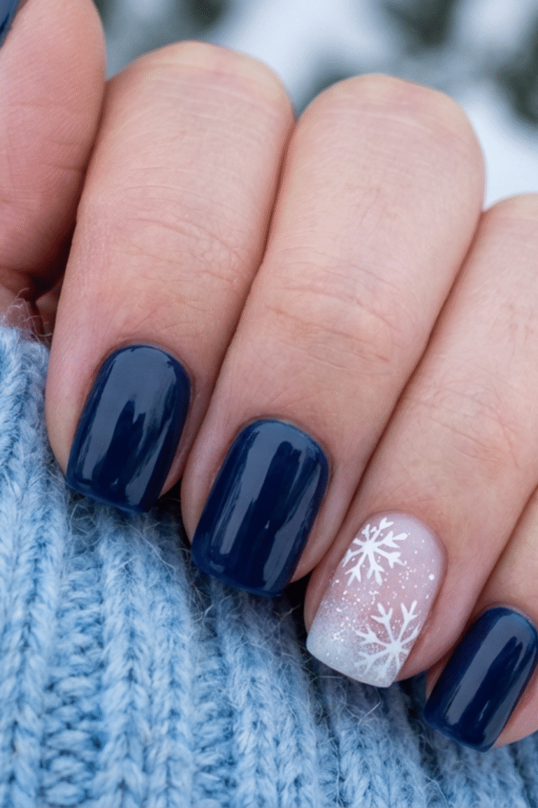 Navy Gel & Frosty Snowflake Nail