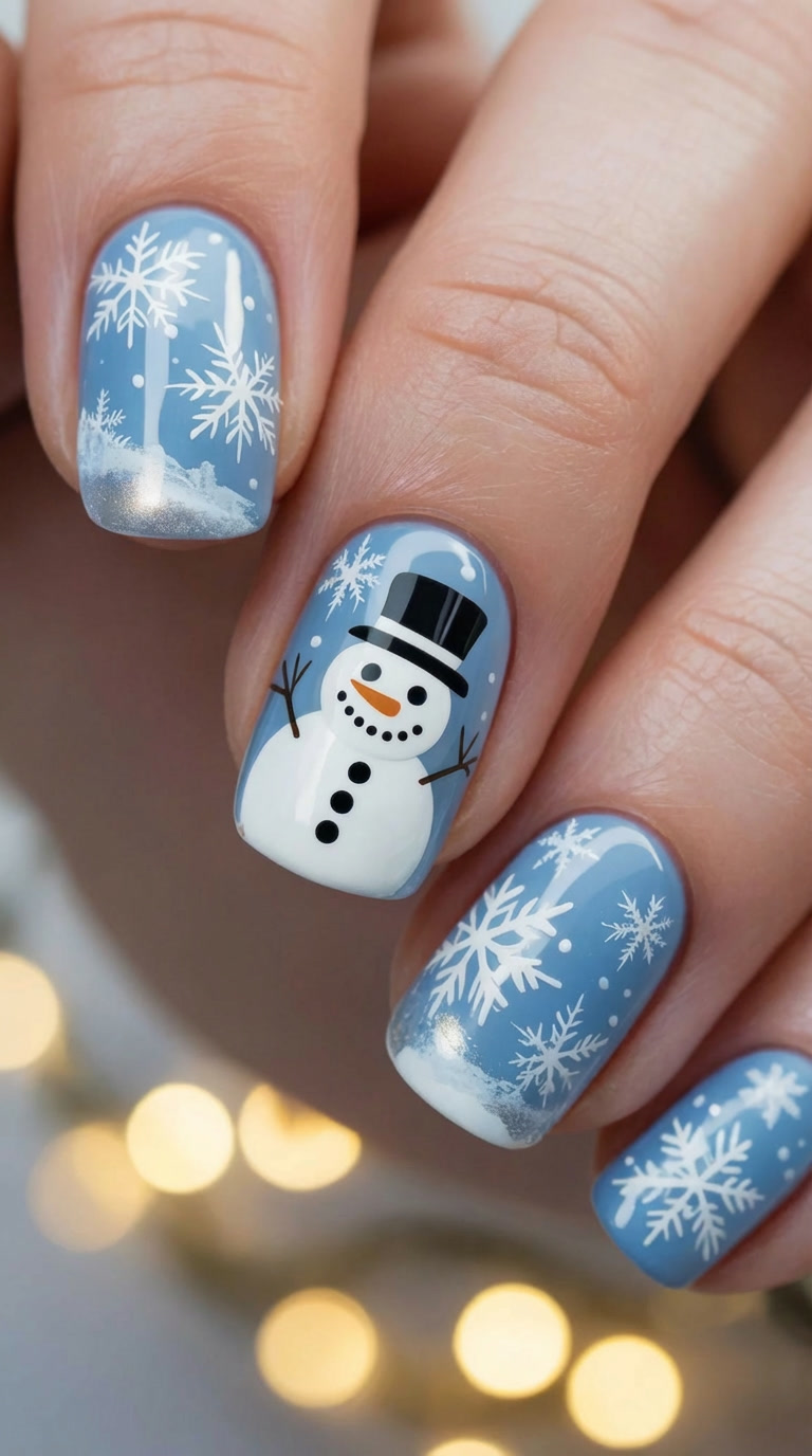 Snowman and Snowflake Nail Art